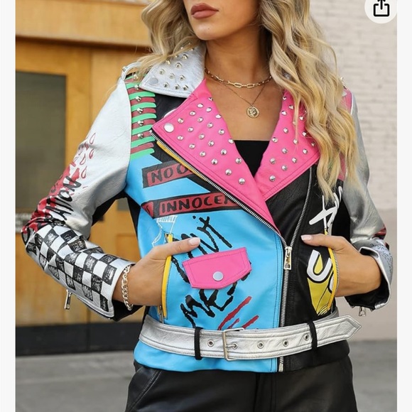 Bellivera Faux Leather Jacket Studded Rivet Floral Moto Biker Short Lapel Coat - Picture 2 of 9